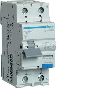 Дифавтомат Hager AD966J 1+N, 16А, 30мА, C, 6kА, для DIN-рейки, УЗО ADA966D фото