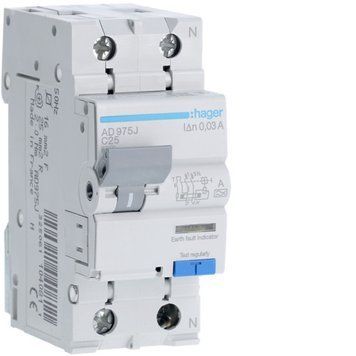 Дифференциальный автомат Hager 1+N, 25А, 30мА, тип C, 2 модуля, для DIN-рейки ADA975D фото