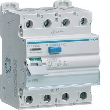 ПЗВ 4P 80A 300mA 10kA для рейки DIN, Hager CPH680C фото