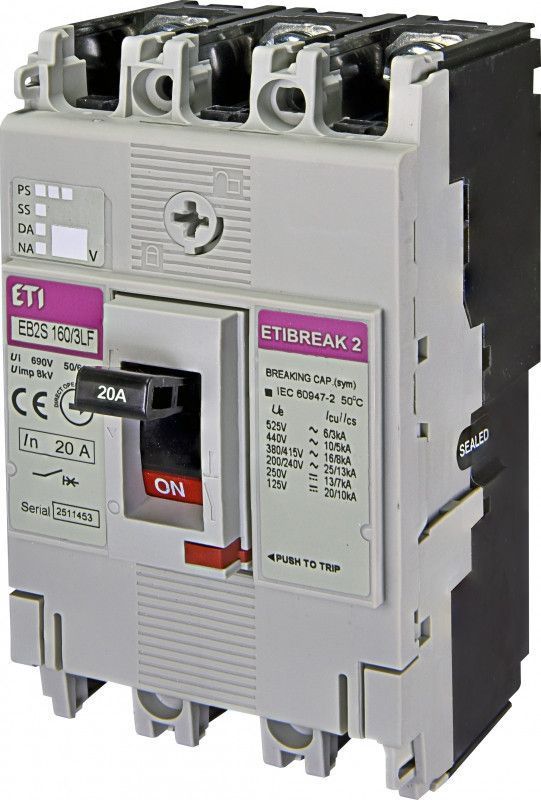 Автоматичний вимикач ETI EB2S 160/3LF 20A 16kA для захисту електродвигунів 3P 4671802 фото