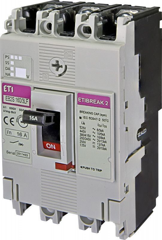Автоматичний промисловий вимикач ETI EB2S 160/3LF, 16A 16kA, 3P для захисту пристроїв 4671801 фото