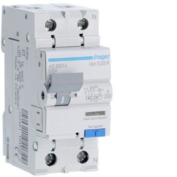 Hager Дифференциальный автомат 1+N, 20А, 30мА, 6кА, для DIN-рейки, IP20 ADA920D фото