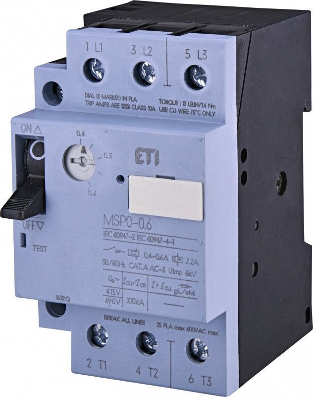 Автоматический выключатель защиты мотора ETI MSP0-0,6, 1-полюсный, 0.6A, IP20 4646618 фото