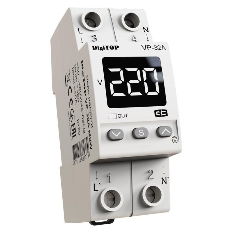 Реле напряжения DigiTOP VP-32A M2W, 32А, TrueRMS, термозащита для генераторов VP-32A M2W фото