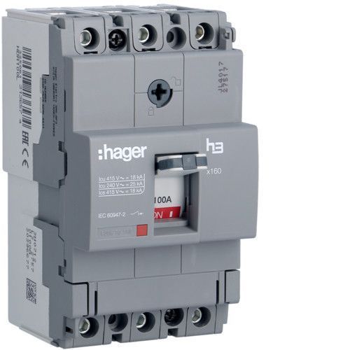 Автоматичний корпусний вимикач Hager 100А 3 полюси 18kA x160 для захисту мережі HDA100L фото