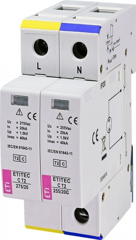 Захисний обмежувач перенапруги ETITEC C T2 275/20 (1+1) 2p, 20kA, 230V, для систем TT/TNS 2440401 фото