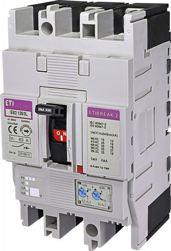 Автоматичний вимикач ETI EB2 125/3L 63A 25kA для захисту генераторів 3P 4671024 фото