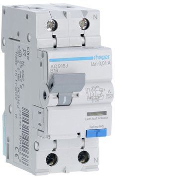 Дифавтомат Hager 1+N, 16А, 10 мА, 6 кА, IP20, для встановлення на DIN-рейку ACA916D фото