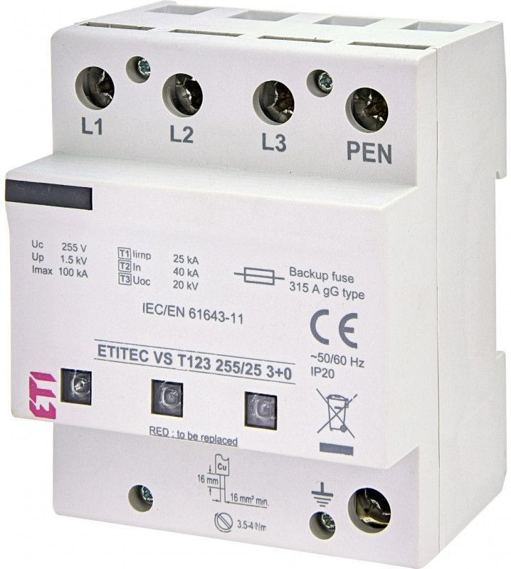 Обмежувач перенапруження ETITEC VS T123 255/25 (3+0) для захисту обладнання до 40 кА 2442937 фото