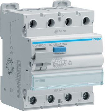 УЗО 4P 10kA 80A 30mA тип A Hager для захисту від витоків струму CDA680C фото