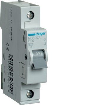 Автоматичний вимикач Hager 20А, 1 полюс, тип B, 6 kA, для установки на DIN-рейку, захист ланцюгів MBN120 фото