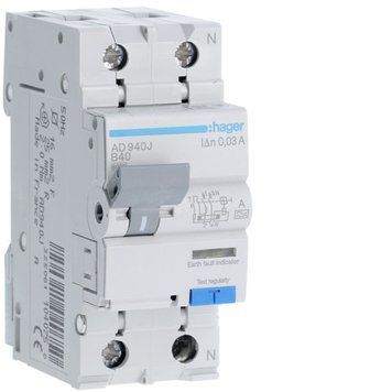 Автоматичний вимикач диференціальний Hager 1+N, 40A, 30mA, 6kA, IP20 для захисту електромережі ADA940D фото