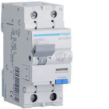 Дифавтомат Hager 1+N, 10A, 30 mA, C, 6 кА, для DIN-рейки, IP20 ADA960D фото