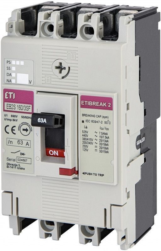 Автоматичний вимикач ETI EB2S 160/3SF 63A 25kA 3P для захисту пристроїв 4671833 фото
